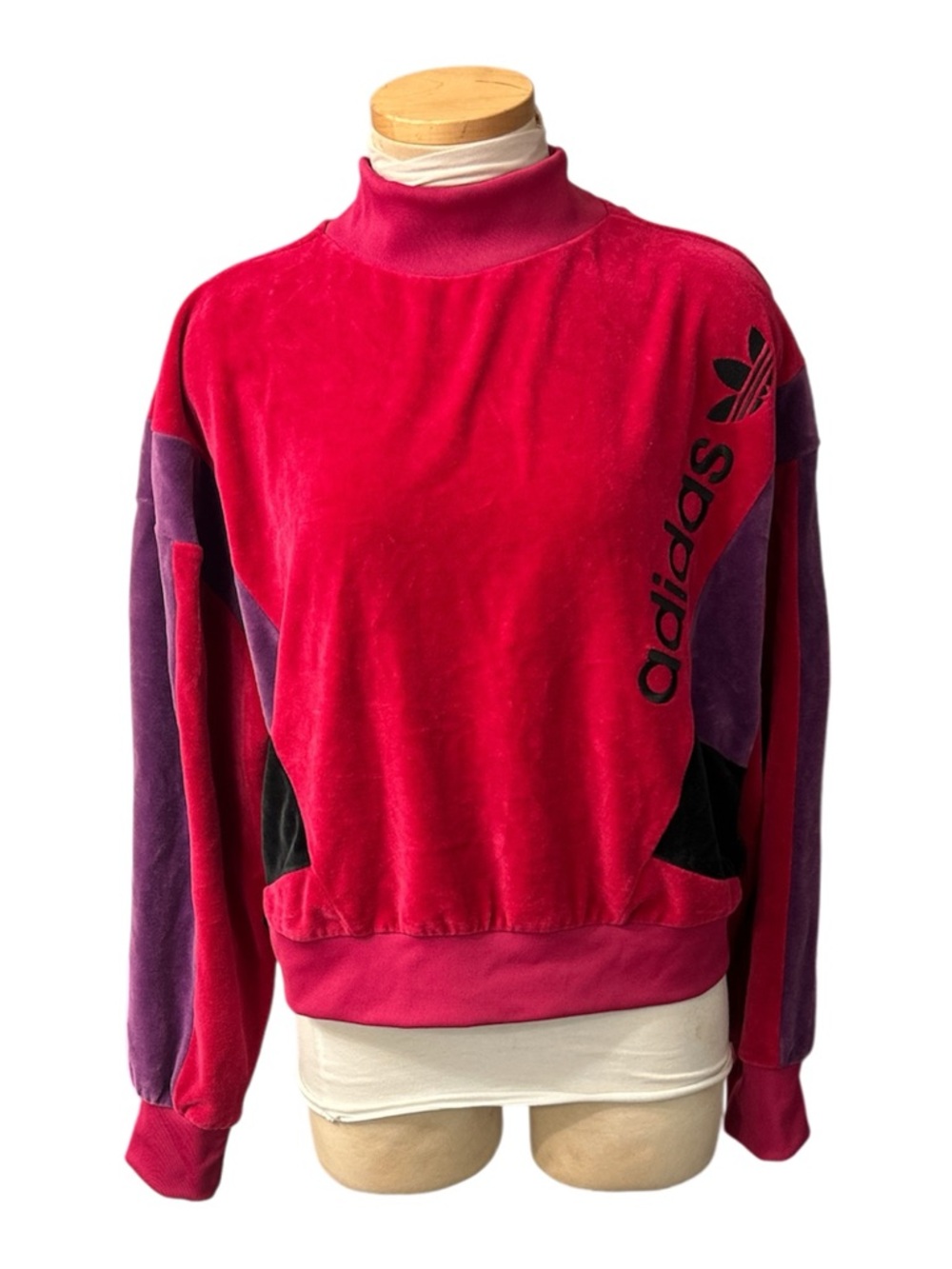 Adidas Pink Black& Purple Velvet Pullover  Retro High Neck Sweatshirt Size Large